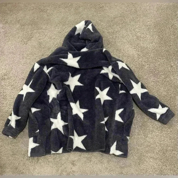 Super Star SHEIN Blanket like Sweater Hoodie White Stars on Navy/Grayish Color - Picture 5 of 7